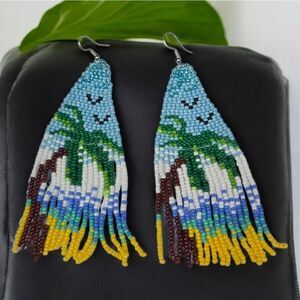 Palm Tree Beach Earrings Glass Bead Boho Dangle Island Jewelry Summer Beaded NEW